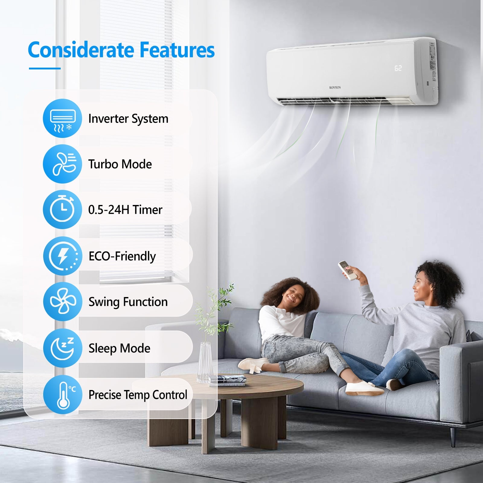 ROVSUN 18,000 BTU 19 SEER2 230V Wifi Enabled Ductless Mini Split Air Conditioner with Heat Pump Inverter & Install Kit