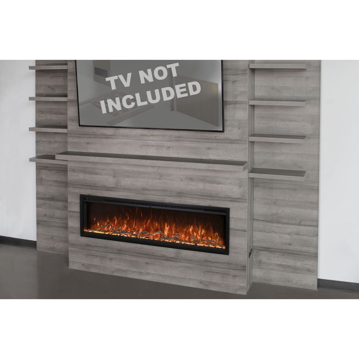 Modern Flames Modern Flames Allwood Wall System in Driftwood Gray | 60'' Spectrum Slimline Electric Fireplace Mantel Package AFWS-MAIN-DW / SPS-60B / AFWS-SIDE-DW-2 pcs