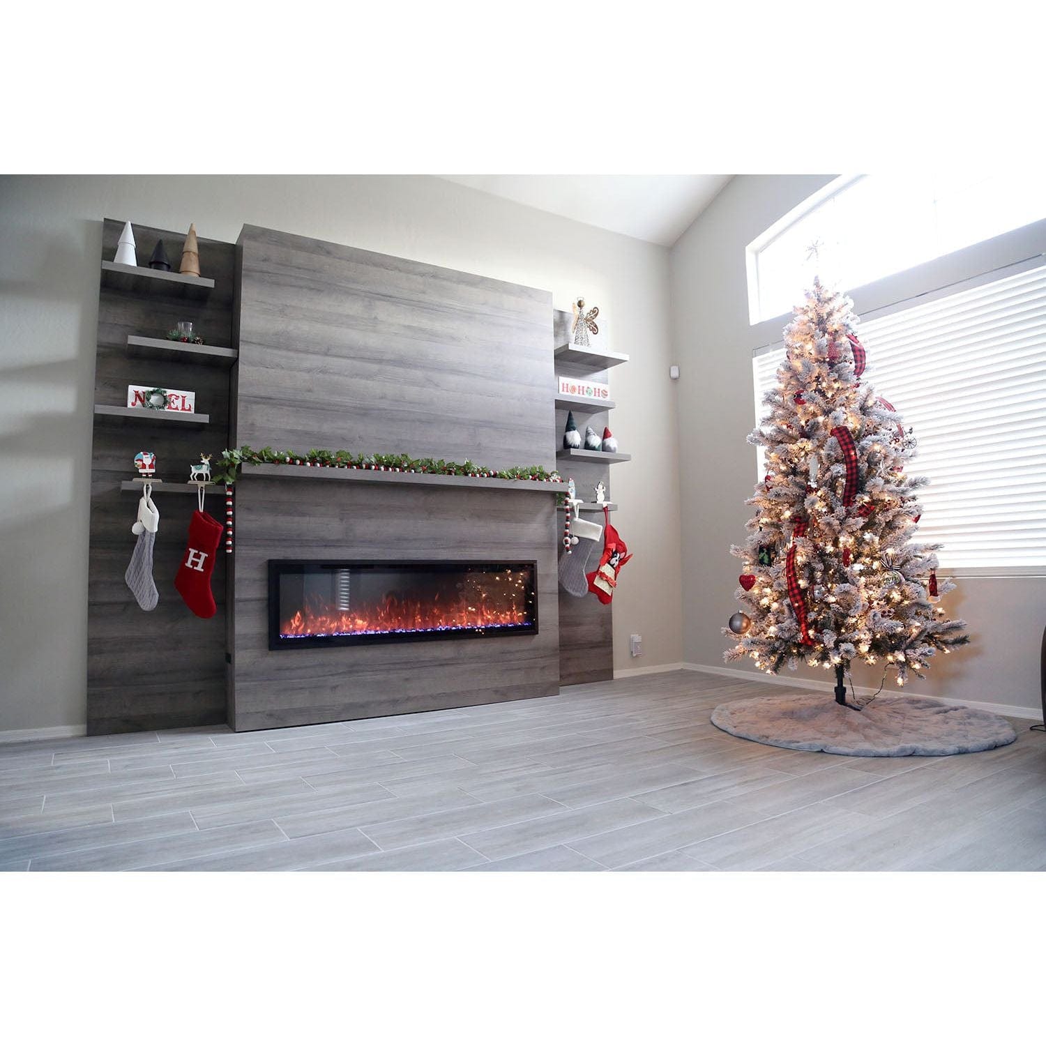 Modern Flames Modern Flames Allwood Wall System in Driftwood Gray | 60'' Spectrum Slimline Electric Fireplace Mantel Package AFWS-MAIN-DW / SPS-60B / AFWS-SIDE-DW-2 pcs