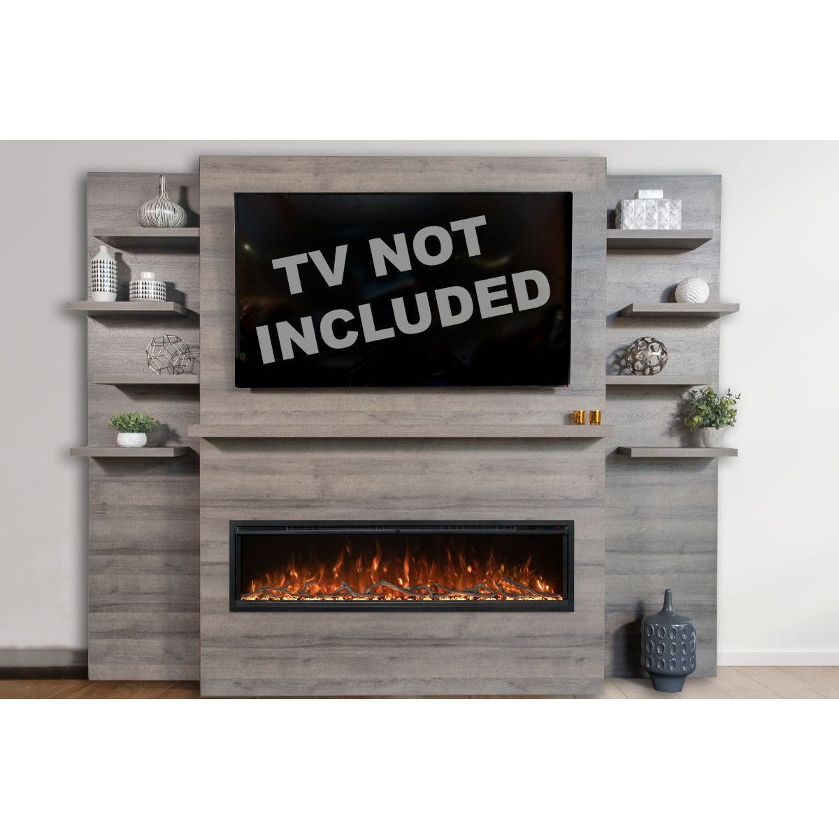 Modern Flames Modern Flames Allwood Wall System in Driftwood Gray | 60'' Spectrum Slimline Electric Fireplace Mantel Package AFWS-MAIN-DW / SPS-60B / AFWS-SIDE-DW-2 pcs