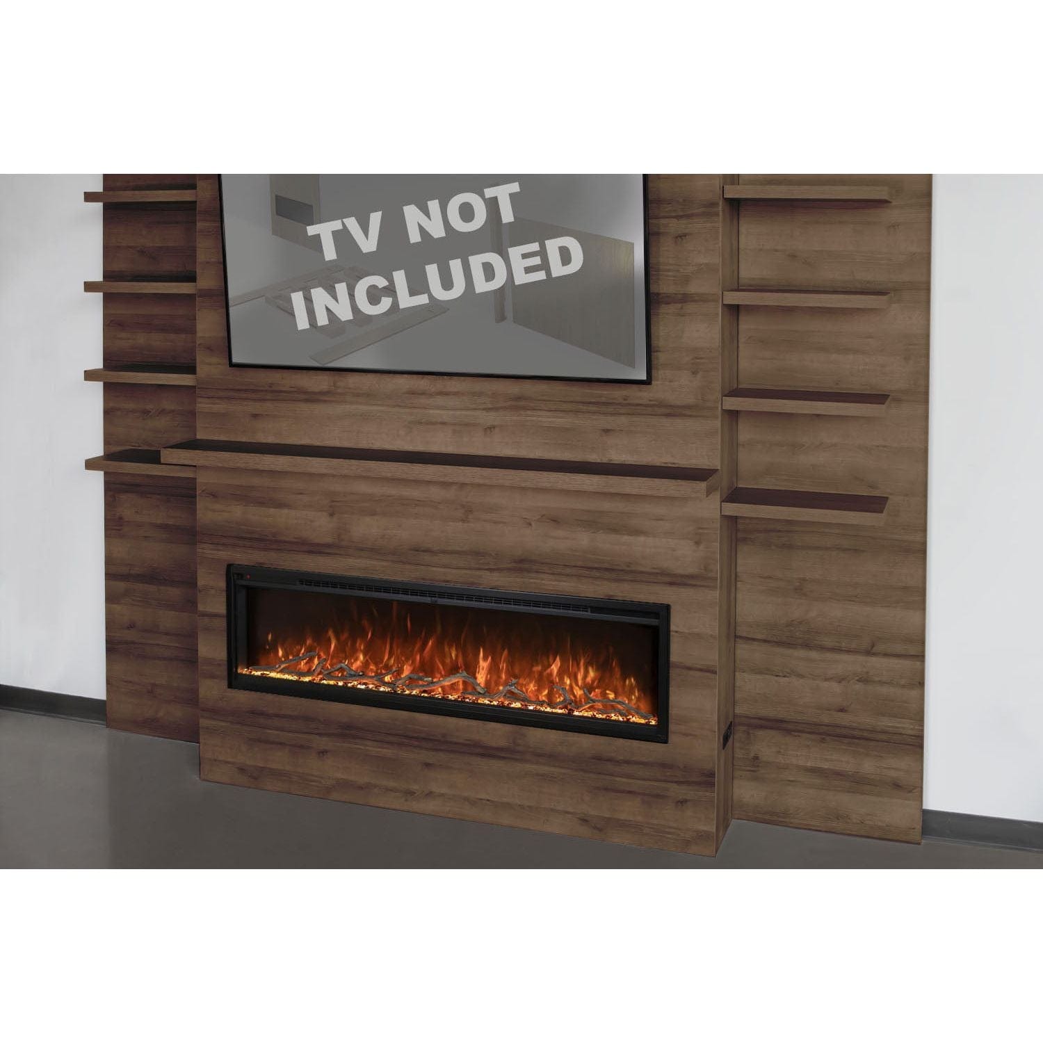 Modern Flames Modern Flames Allwood Wall System in Weathered Walnut | 60'' Spectrum Slimline Electric Fireplace Mantel Package AFWS-MAIN-WW / SPS-60B / AFWS-SIDE-WW-2 pcs
