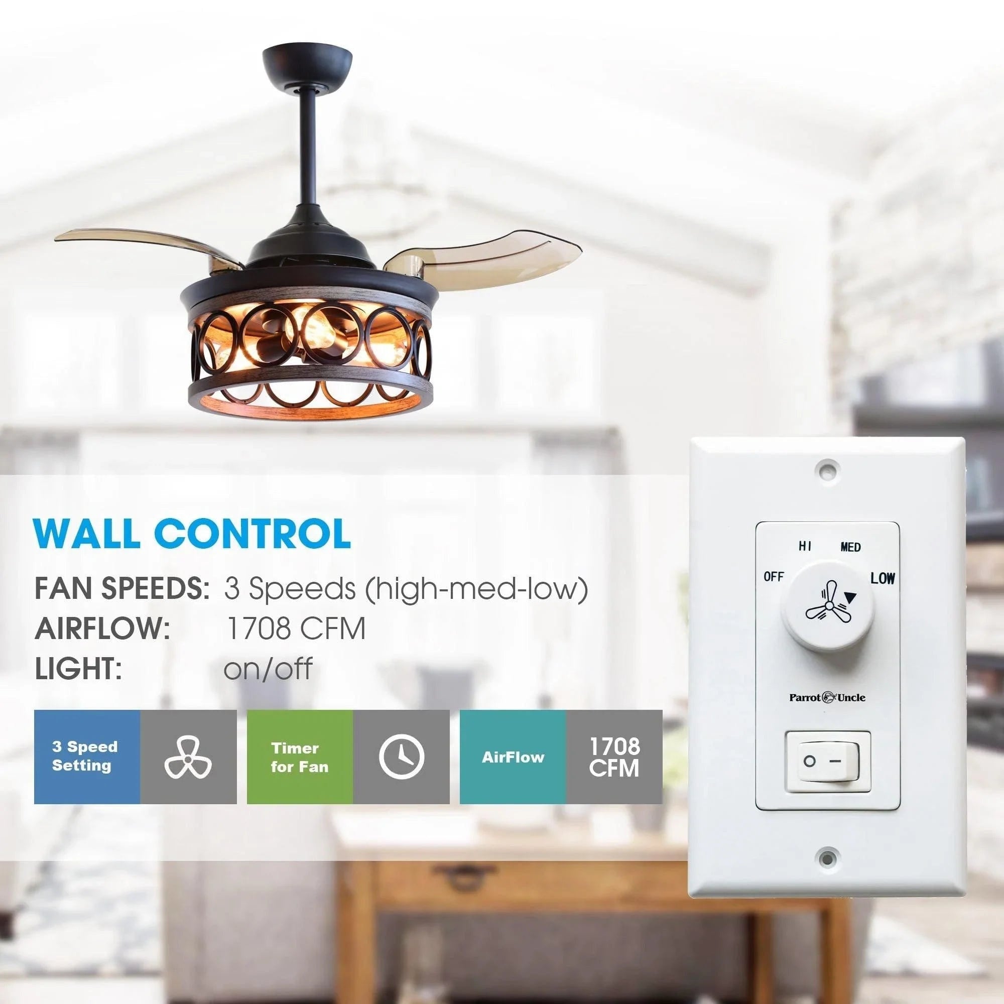 Parrot Uncle 36 In. Mirelle Farmhouse Ceiling Fan with Lighting and Remote Control