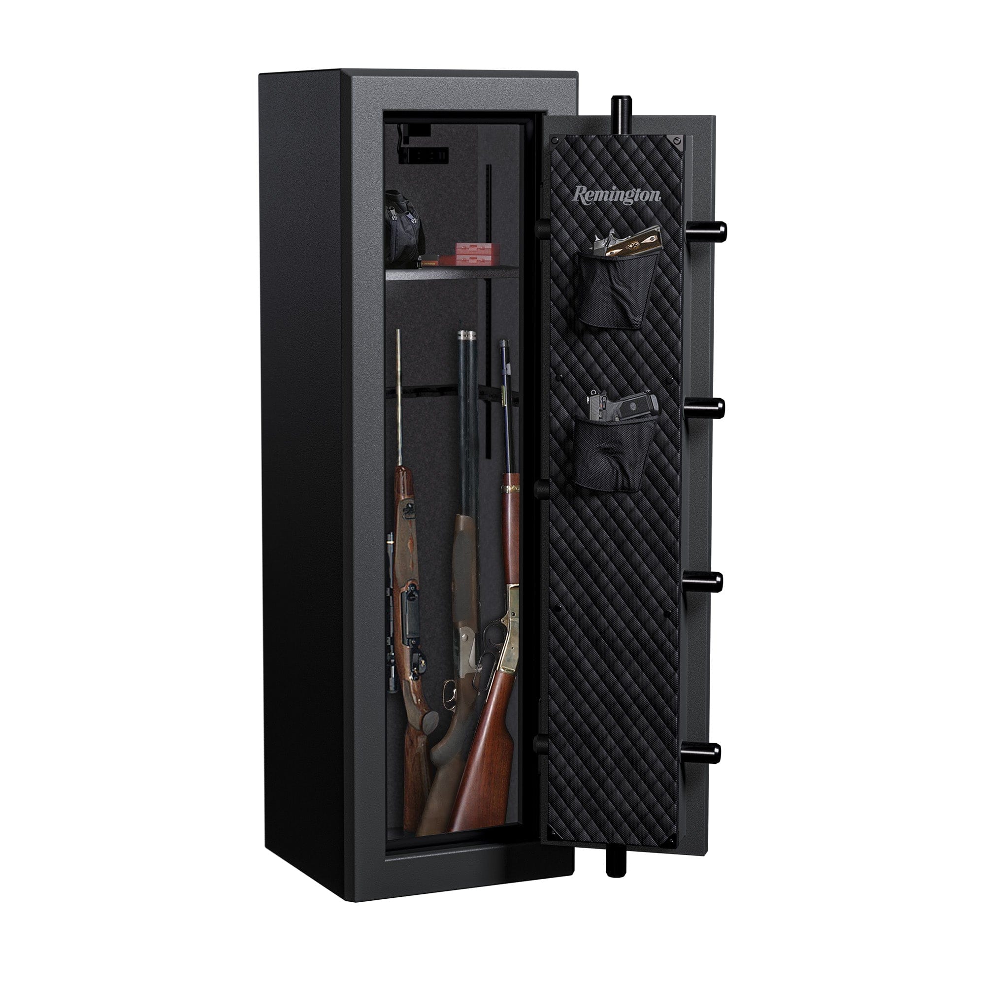 Remington GUN CLUB SERIES - 12-GUN SAFE SAR5912GC open with items inside such as hunting equipment, ammo boxes. 