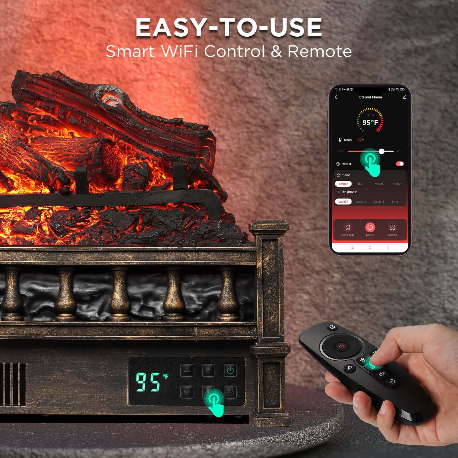 TURBRO Eternal Flame EF26-LG Smart Electric Fireplace Logs, WiFi Enabled Electric Fireplace Logs