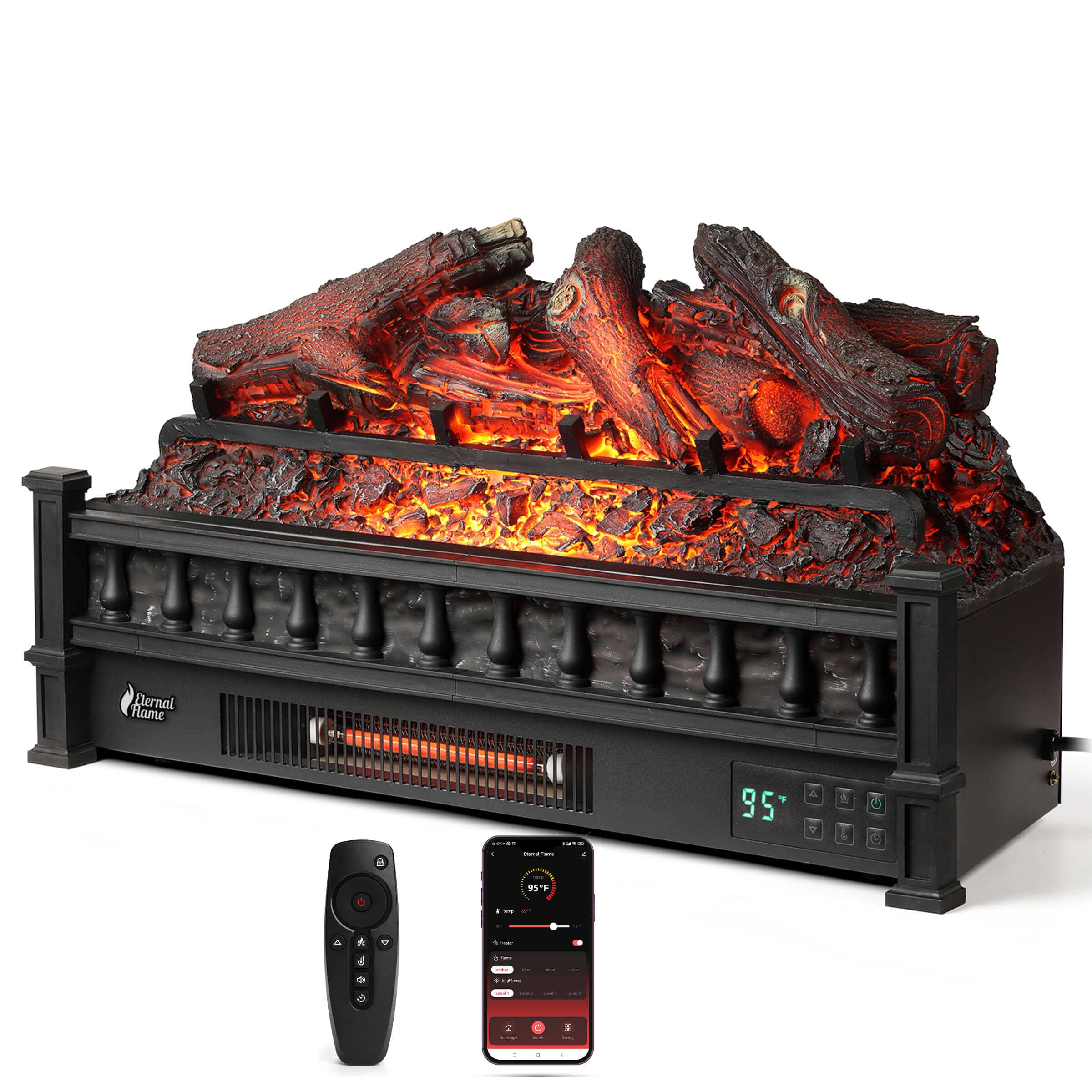 TURBRO Eternal Flame EF26-LG Smart Electric Fireplace Logs, WiFi Enabled Electric Fireplace Logs Black