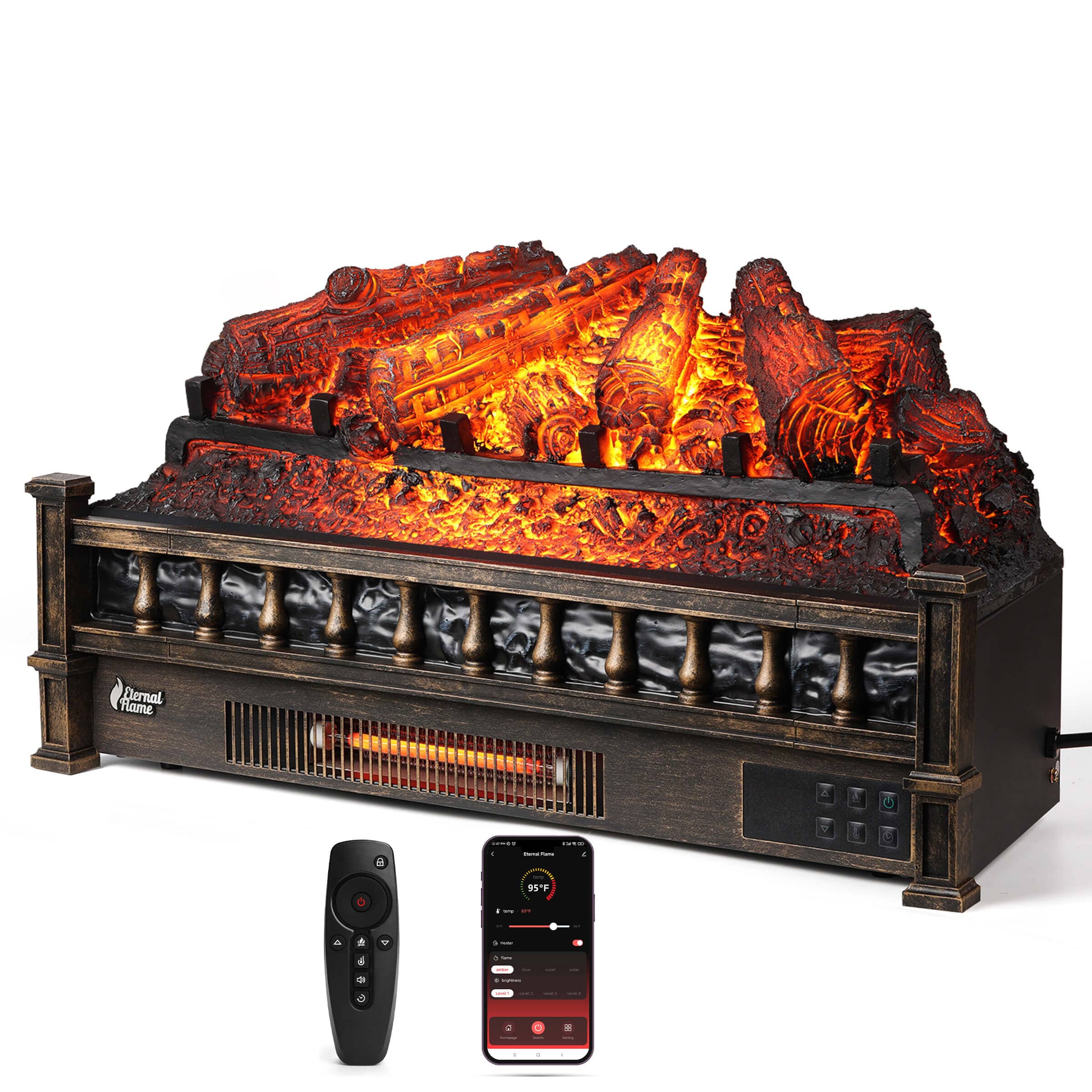 TURBRO Eternal Flame EF26-PB Smart Electric Fireplace Logs, WiFi Enabled Electric Fireplace Logs Bronze