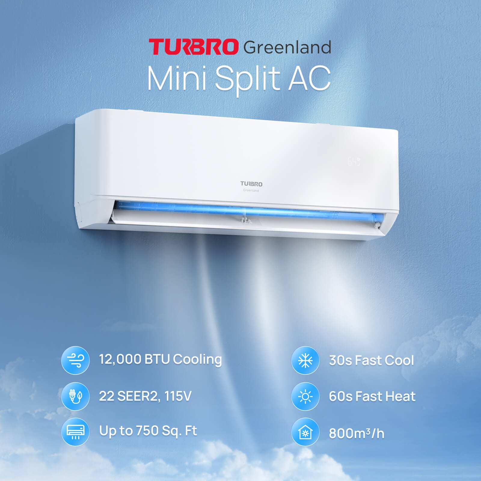 TURBRO Greenland 12,000 BTU WiFi Ductless Mini Split AC with Heat Pump Mini Split AC