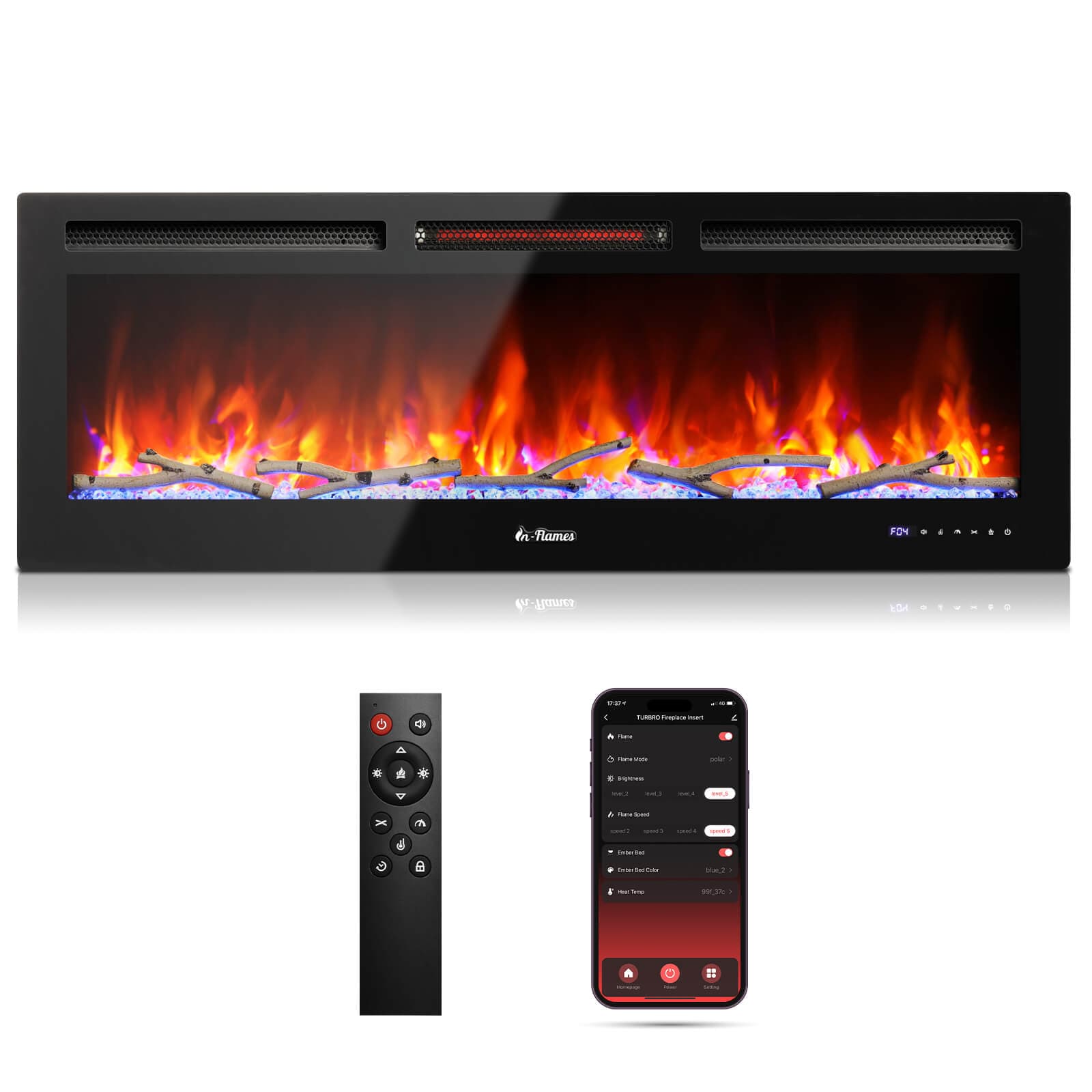 TURBRO In Flames INF50W-3D WiFi Smart Wall Mounted Electric Fireplace - Tempered Glass Wall Mounted Electric Fireplace