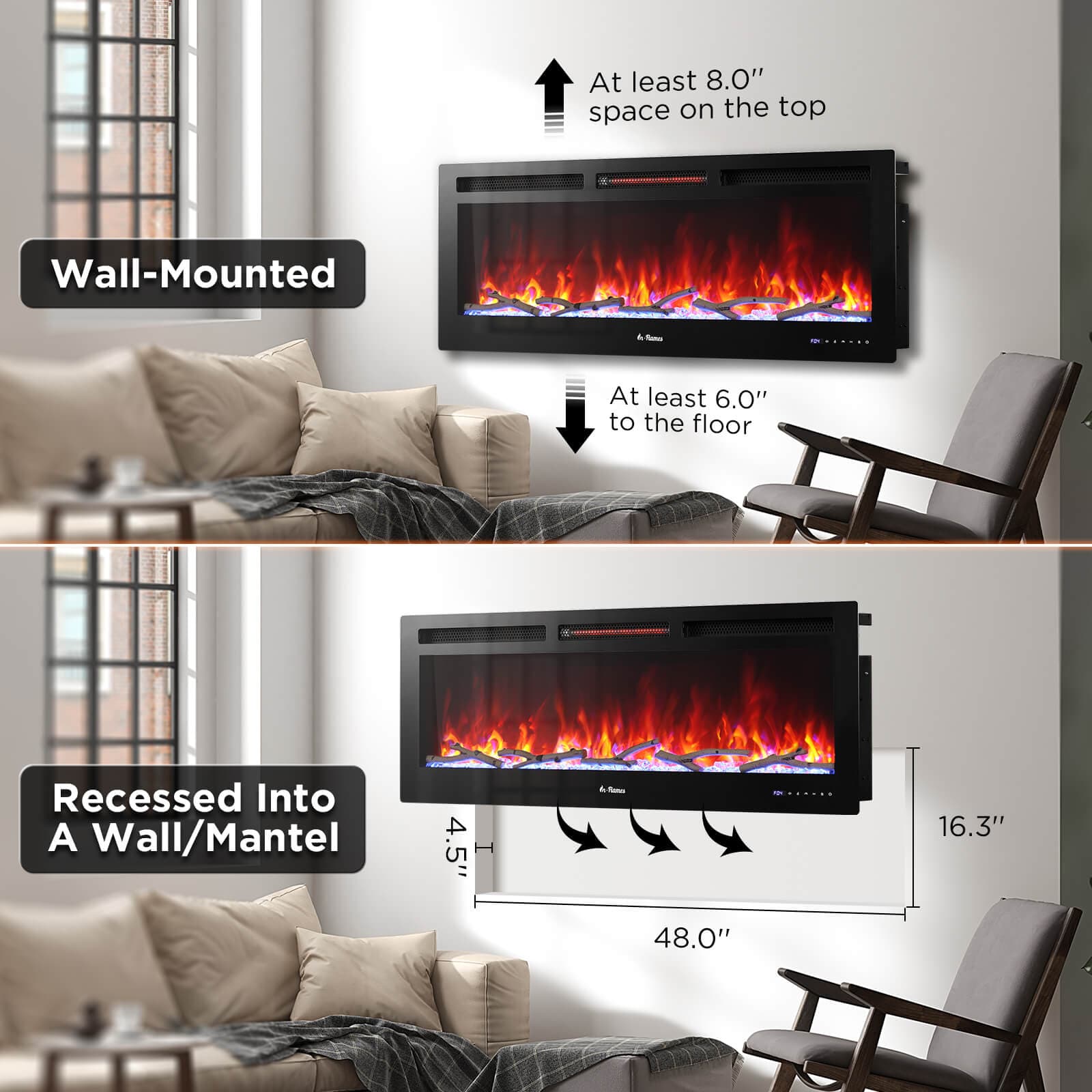 TURBRO In Flames INF50W-3D WiFi Smart Wall Mounted Electric Fireplace - Tempered Glass Wall Mounted Electric Fireplace