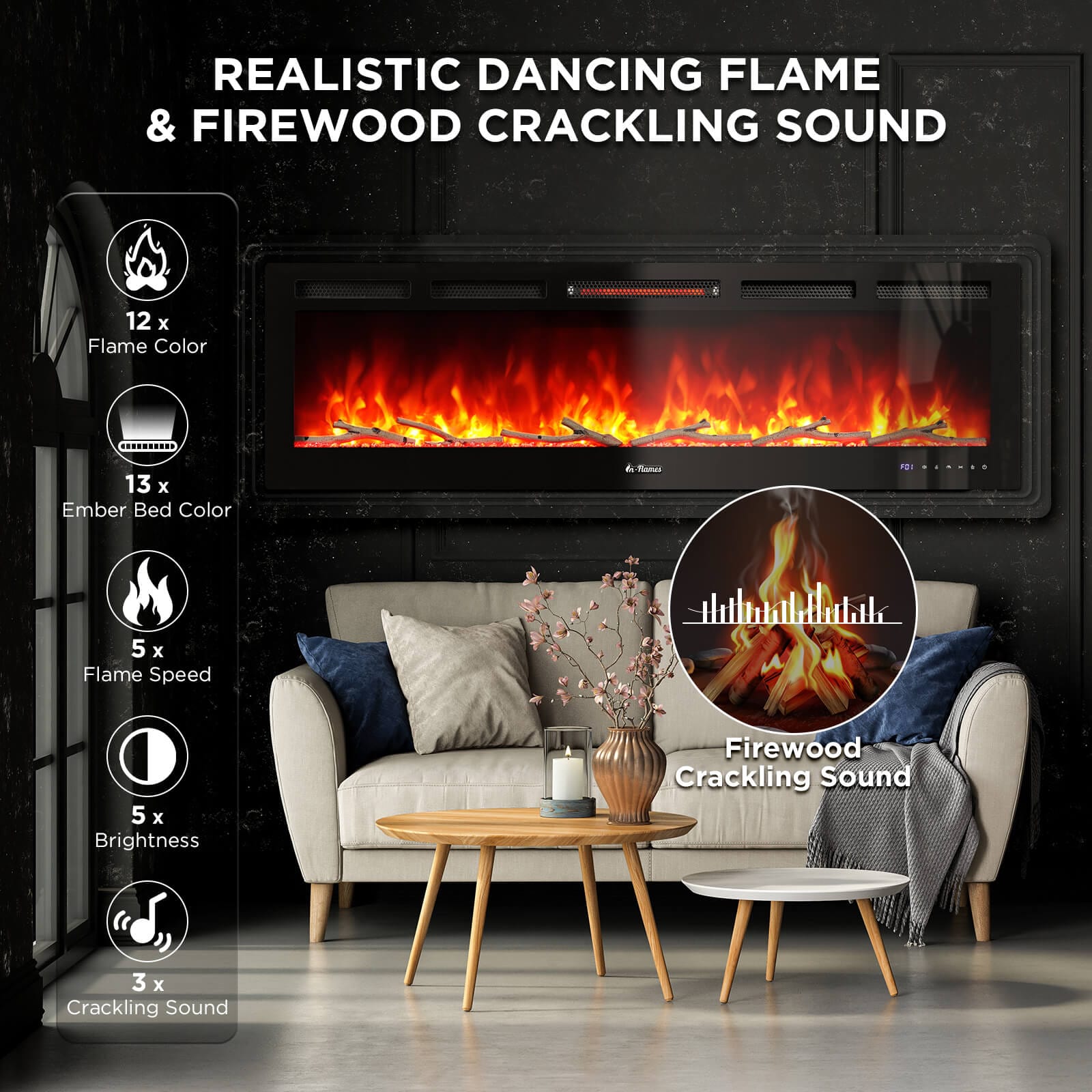 TURBRO In Flames INF60W-3D WiFi Smart Wall Mounted Electric Fireplace - Tempered Glass Wall Mounted Electric Fireplace