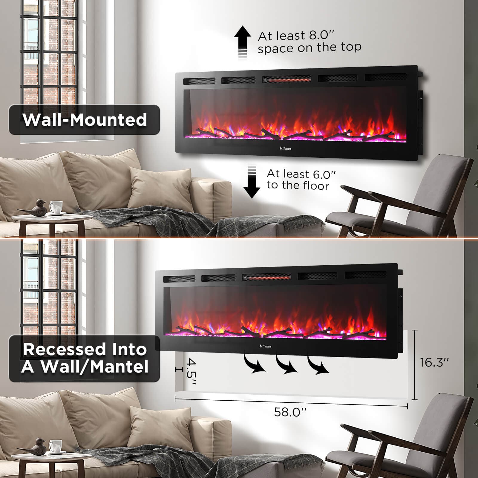 TURBRO In Flames INF60W-3D WiFi Smart Wall Mounted Electric Fireplace - Tempered Glass Wall Mounted Electric Fireplace