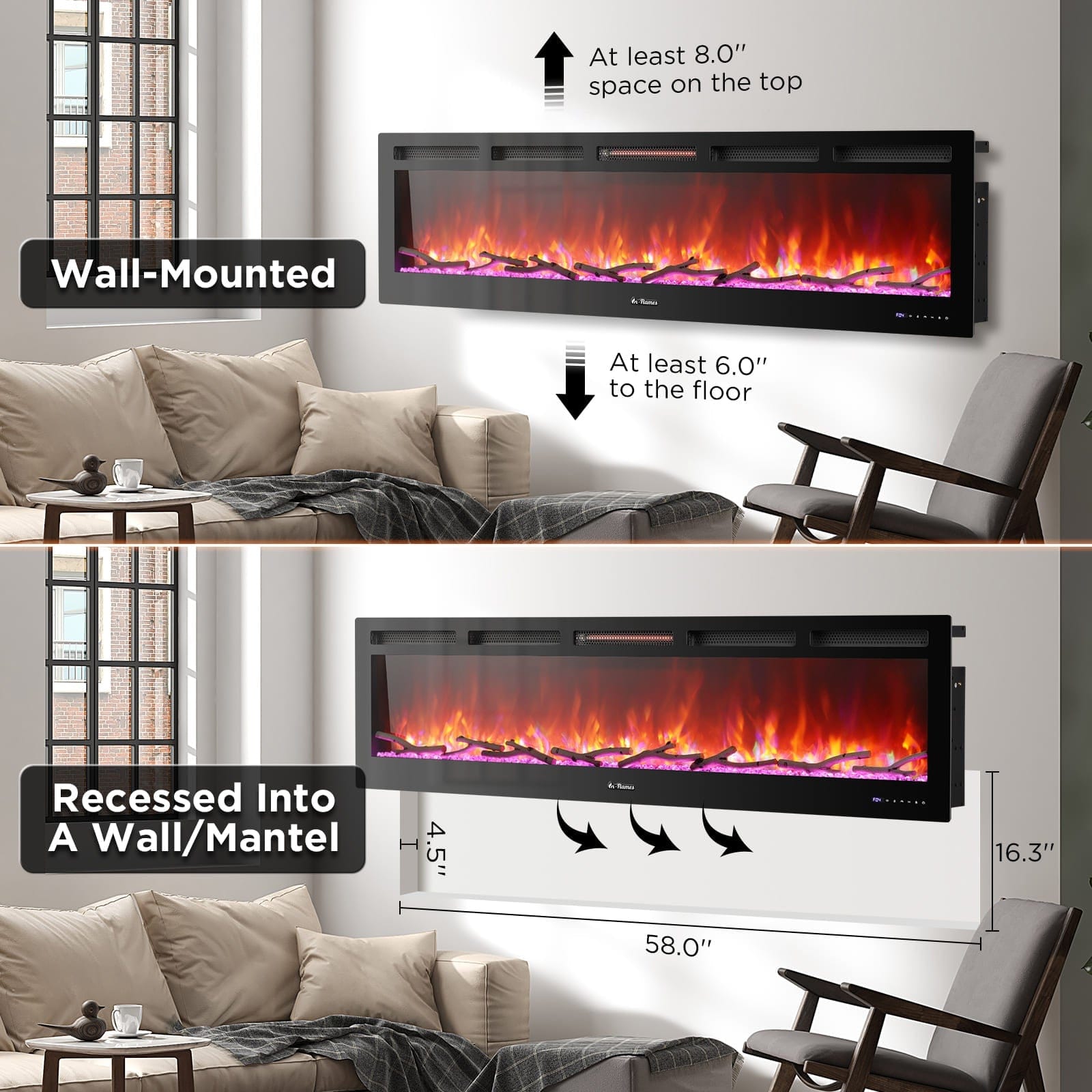 TURBRO In Flames INF72W-3D WiFi Smart Wall Mounted Electric Fireplace - Tempered Glass Wall Mounted Electric Fireplace