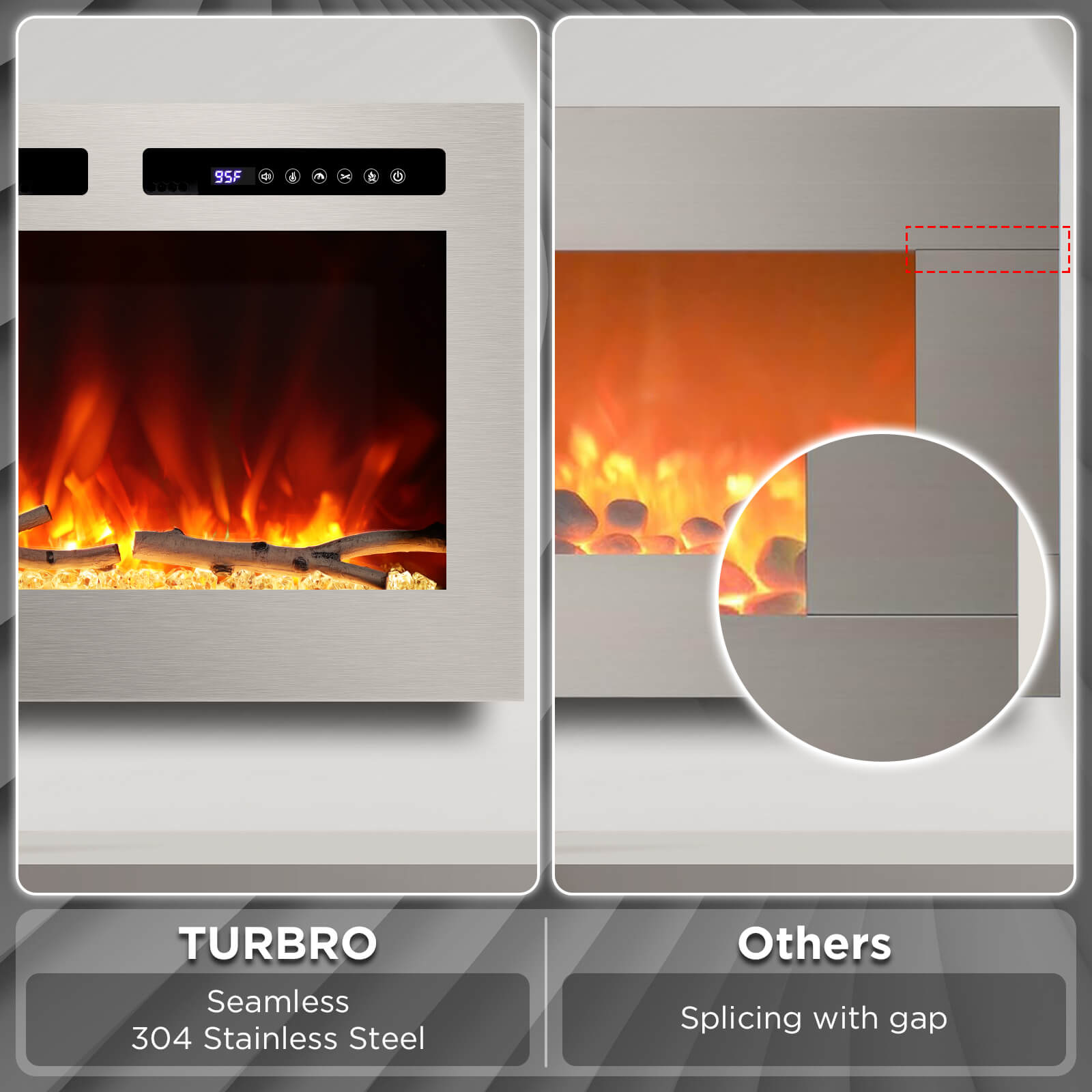 TURBRO In Flames WiFi Smart Wall Mounted Electric Fireplace - Stainless Steel Wall Mounted Electric Fireplace
