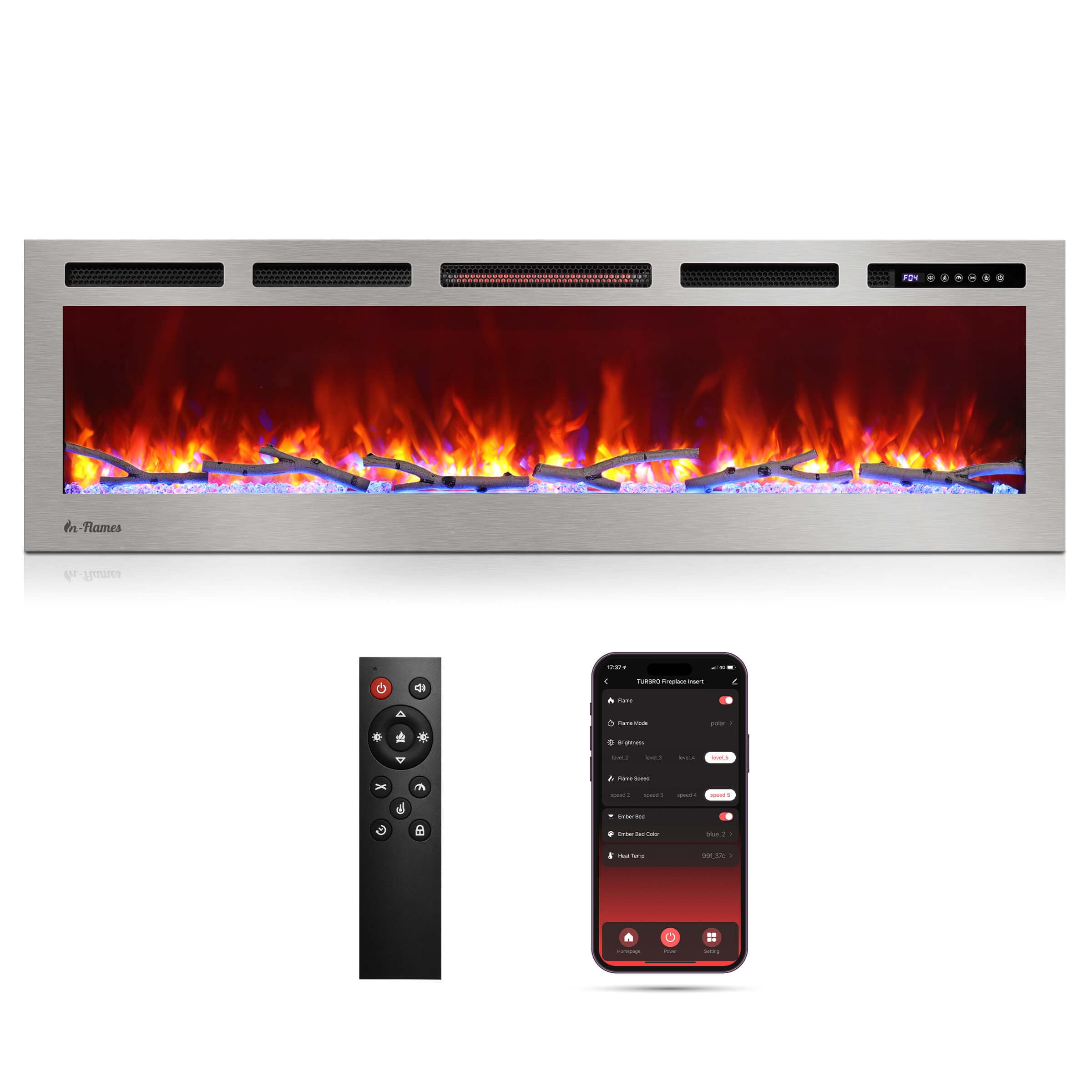 TURBRO In Flames WiFi Smart Wall Mounted Electric Fireplace - Stainless Steel Wall Mounted Electric Fireplace 60 inch