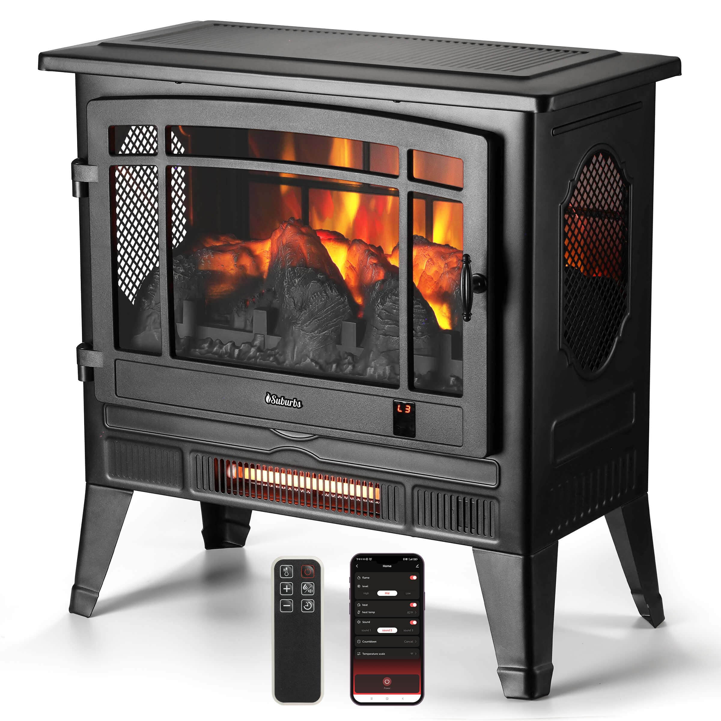 TURBRO Suburbs TS25 Smart Electric Fireplace Stove Heater, WiFi Enabled Electric Fireplace Stove Black