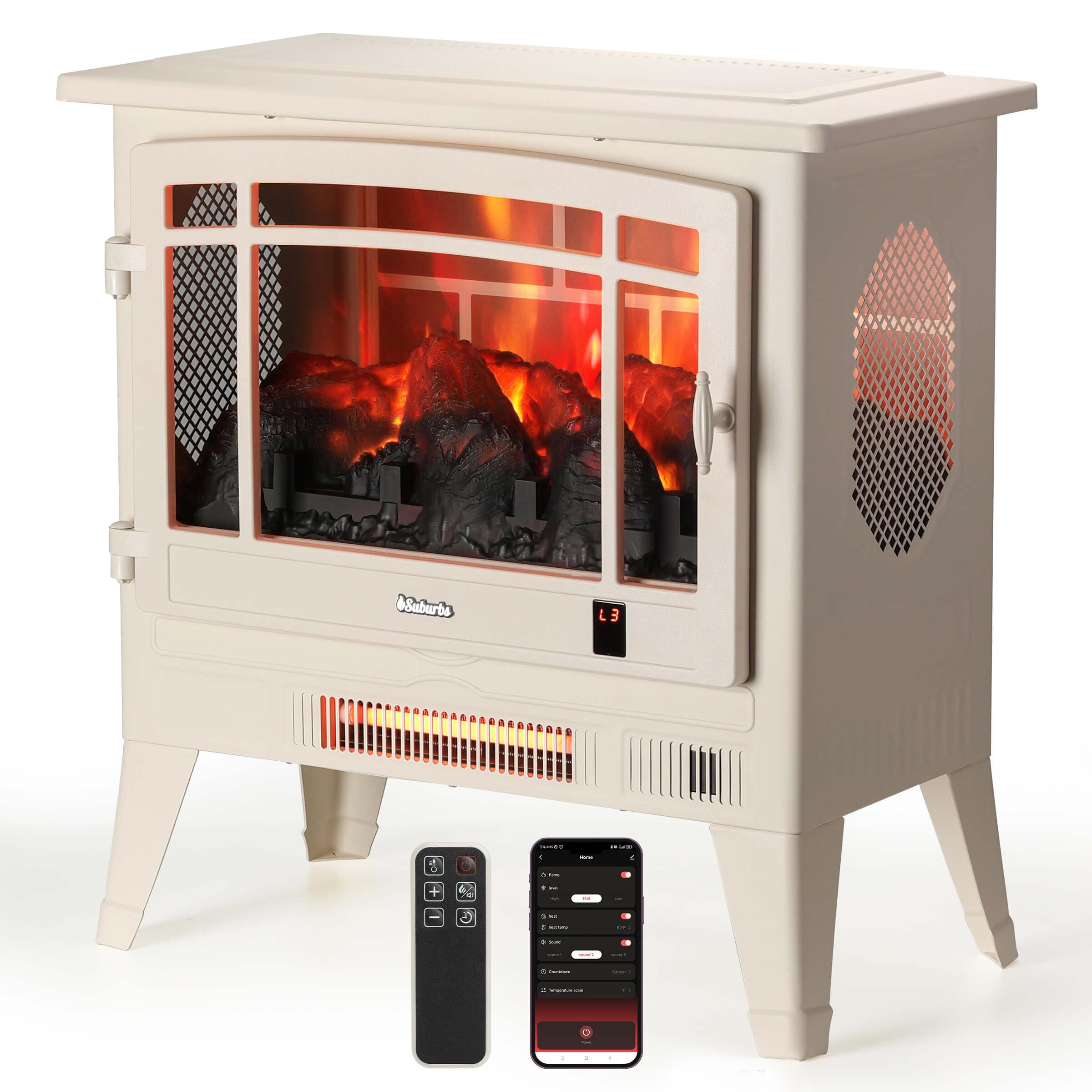 TURBRO Suburbs TS25 Smart Electric Fireplace Stove Heater, WiFi Enabled Electric Fireplace Stove Ivory